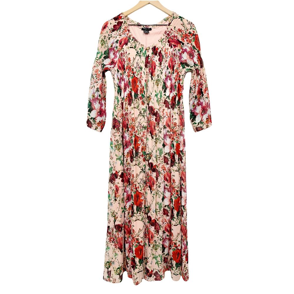 Robert Louis Floral Maxi Dress Pink Flower Print Bell Sleeve Smocked Size Small